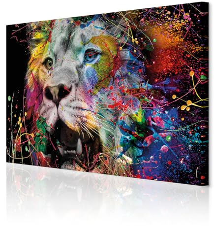 decomonkey Impression sur Toile structurée Lion Abstrait 90x60 1 Pièce | Tableau decoration murale, Cadre en Bois, Déco Salon, Peinture sur Toile, Maison, Afrique chats colorés lions animaux
