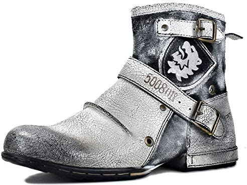 OSSTONE Chukka Stivali Cowboy Biker Boots Maschio Mens Motociclo Botas Cerniera su in Pelle Vitello Western retrò Stile Uomo Rosso Marrone Piatto Caviglia Stivaletti Boots OS-5008-1-F-White-13