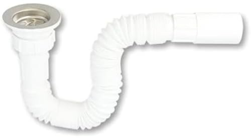 Fontastock FSKFSI005 sifón articulado de plástico extensible de 1-1/2 x 40mm longitud de 300mm a 800mm, con rejilla de fregadero y tapón