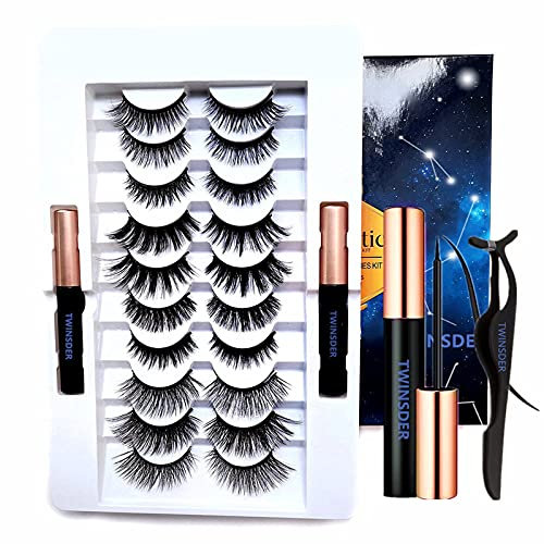 Upgraded 3D 6D Magnetic Eyelashes - 10 Pairs Magnetic Lashes with 2 Tubes of Magnetic Eyeliner - Natural Look & Reusable Magnetic False Eyelashes -No Glue Needed