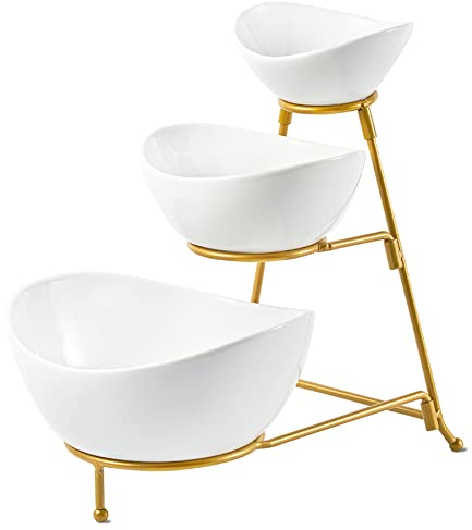 LYEOBOH 3 Tier Serving Bowls Set Tiered Serving Stand, Porcelain Oval Bowls with Collapsible Metal Stand for Entertaining, Party, Dessert Display, Candy, Chip and Dip (Gold)