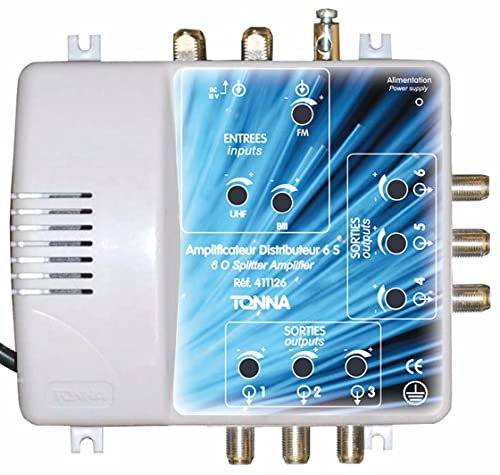 Amplificateur distributeur 2 entrées / 6 sorties FM/BIII + UHF 411126 - Gain 22 dB, Bande passante 170 à 230 + 470 à 862 MHz