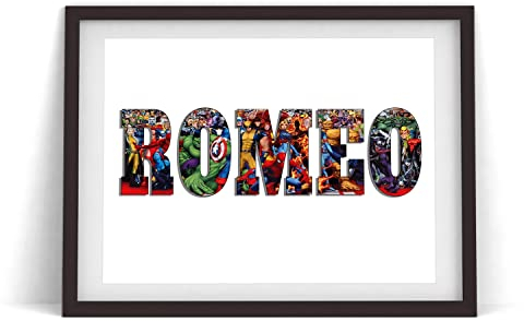 Personalisierbarer Superhelden-Kindername, personalisierbarer Avengers, Name, Wort-Kunstdruck, Charakter-Poster, Superhelden-Leinwandbild, Wandkunst, Anime-Held, Heimdekoration, schwarzer Rahmen