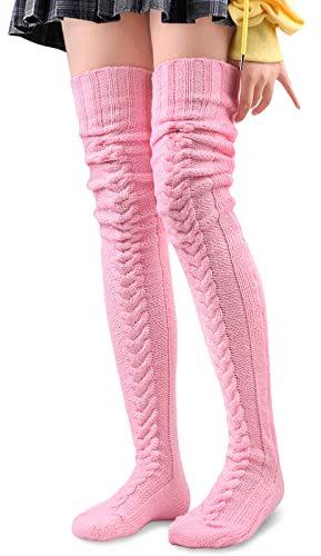 LittleForBig Mi-bas Bottes Chaussettes extra longues au-dessus genou Bas tricotés câblés - Rose 105 CM