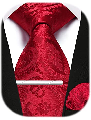 Enlision Herren Krawatten und Einstecktuch krawattenklammer Set Rot Paisley Krawatte Taschentuch Krawattennadel Für Männer Business Hochzeit,Rot,Einheitsgröße