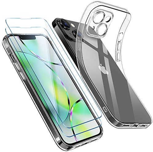 Qasyfanc Coque Protection Caméra Compatible avec iPhone 14 Coque et 2 Pièces Verre Trempé, Ultra Mince Étui iPhone 14 Souple Silicone Anti-Jaune TPU Bumper Housse, Trasparente