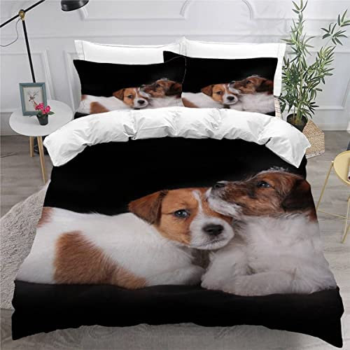 VASENA Bettwäsche Jack-Russell-Hund Bettwäsche 135x200 Kinder Hund Tier Schwarz Bettbezug Set Weich Microfaser Kinderbettwäsche 3 Teilig Mit ReißVerschluss Mit 2 Kissenbezug 80x80 cm