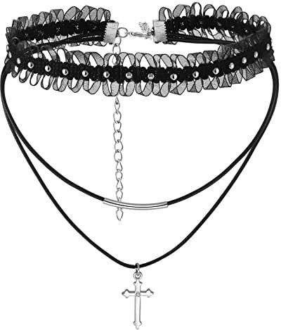 JewelryWe Schmuck Kreuz Choker Kette Damen Gothic Nieten Stretch Spitze Leder Halsband Geschichtet Halskette Kragen Lederband Schwarz