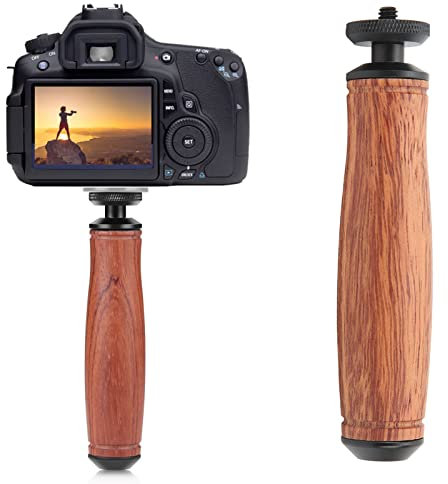 Wooden Camera Handle Grip, Top and Bottom Universal 1/4Inch Screws Hole, Pear Wood Design, for Camera, LED Video Lamp, Smartphone