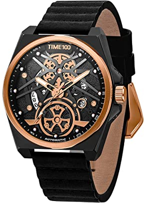 TIME100 Herrenuhr Mechanische Uhr Knochen Sportuhr für Herren Lederarmband Automatische Uhr Zifferblatt aus Edelstahl Wasserdicht