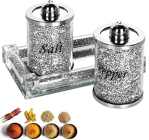 Yiter Salt and Pepper Sets, Crystal Salt Pepper Shakers with Tray, Glass Salt and Pepper Shakers for Home Decor & Kitchen Organise