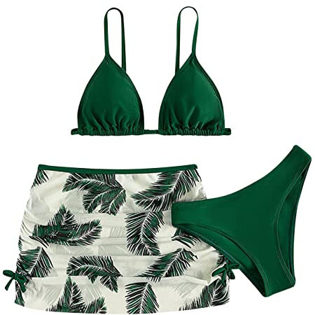 Size 12 Swimsuit Kids Child Girls 3 Piece Swimsuits Bathing Suit Flower Print Bikini Tops Underpants Ruffles Skirt Summer Swimwear Set Outfits 2 Year Old Swim Suit (20230724A-Green, 14-16 Years)