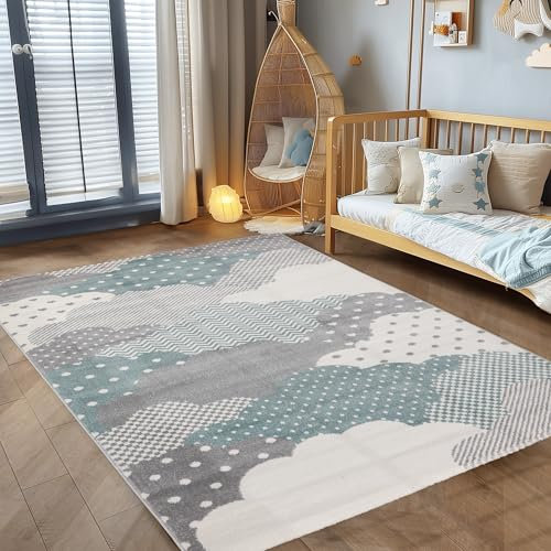 Kinderteppich Kinderzimmer Wolke Design Kinder Teppich Babyzimmer Weicher Flor, Farbe: Blau, Größe: 200 x 290 cm