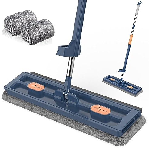 Großer Flachmop Flach Mopp Bodenwischer mit Langem Edelstahl Griff Mikrofaserpads 360 Drehbar Entwässerungsschabermopp für Fliesen Laminat Holzböden (2,Blau)