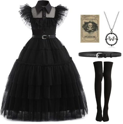 Mrsclaus Halloween Kostüm für Kinder Mädchen Kleid Schwarz Mittwoch Cosplay mit Strümpfe Halskette Skelettkopf Aufkleber Fasching Mottoparty Filmkostüm C039-160