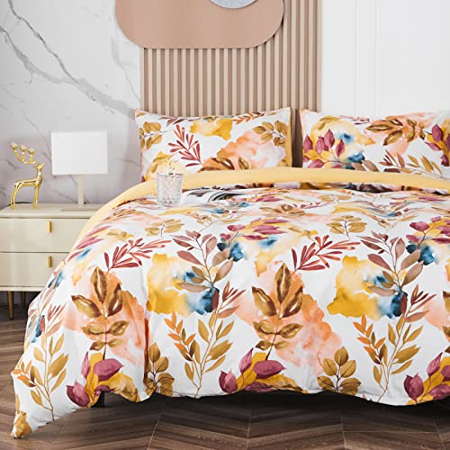 Jemiipee Blumen Bettwäsche-Set mit Frühlingsblumen und Blätter Muster, 1 x Bettbezug 200x220 cm mit 2 x Kissenbezüge 80x80 cm und Reißverschluss, Weiche 100% Mikrofaser Bettwäsche Modern, Gelb