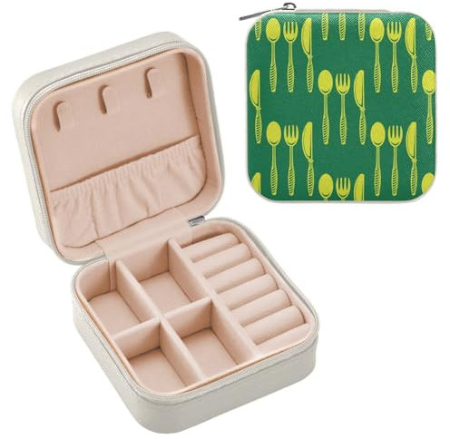 FRODOTGV Fork Spoon Knife on Green Background Jewelry Travel Case Travel Jewelery Organizer Mini Organizer Holder Boxes for Necklaces Earrings Bracelets Storage Personalized Gifts Portable
