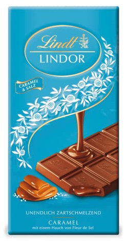 Lindt Schokolade LINDOR Caramel & Salz | 100g Tafel | Vollmilch-Schokolade mit einem Hauch Fleur de Sel und unendlich zartschmelzender Karamell-Füllung | Schokoladentafel | Schokoladengeschenk