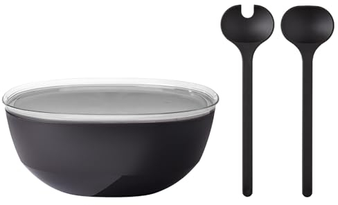 Mepal – Salat-Set Silueta – Servierschale mit Deckel (5000 ml) mit Salatbesteck (28,5 cm) – Outdoor-Serviergeschirr – Spülmaschinen- und mikrowellenfest – Kunststoff (PP, SAN, TPE) – Nordic Black