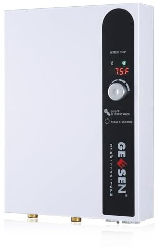 GEESEN Scaldabagno elettrico senza serbatoio 27 kW 240 V acqua calda senza fine su richiesta con display digitale della temperatura per docce di tutta la casa, 114 A, bianco