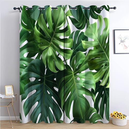 CozyRest Blickdichte Gardinen Grüne Monstera und Palmblätter Verdunkelungsvorhang - Lichtundurchlässige Vorhang mit Ösen für Schlafzimmer Geräuschreduzierung 214 x 91.5 cm, 2er Set