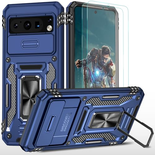 YmhxcY For G-Google Pixel 8 Pro Case, With [Screen Protector Film*2] 360° Rotate Metal Stand,Slide Camera Cover,Sturdy Case[Military Grade] For Google Pixel 8 Pro-Blue