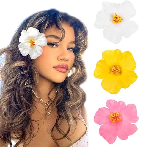 Hebterrka Lot de 3 pinces à cheveux en forme de fleurs hawaïennes pour femme Plumeria Hibiscus 8,9 cm - Pour les vacances, les fêtes sur la plage