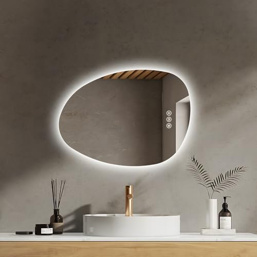 EMKE Badezimmerspiegel mit Beleuchtung Asymmetrischer LED Spiegel 65 x 45 cm Touch-Schalter, 3 Lichtfarben Dimmbar, Beschlagfrei Badspiegel mit Beleuchtung IP44 Energiesparend