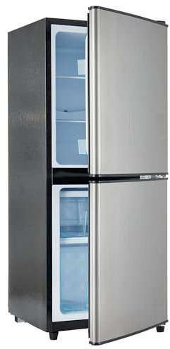 Merax zweitürig Kühlschrank Kühl-Gefrier-Kombination mit 106L Gesamtvolumen, 42,5x44,5x102,0cm, 46L Gefriervolumen, 120 kWh/Jahr, -25°C ~10°C, 45dB, LED-Licht/Silber