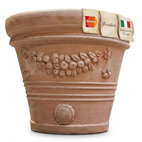 Teramico Pflanzgefäß Terrakotta 100% frostfest (Festonata Toscana, 35cm) | Wunderschöne detaillierte Terrakotta Blumentöpfe aus traditioneller Handarbeit für Ihre Gestaltung von Haus und Garten.