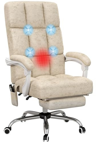 Vinsetto Massage Office Chair, Ergonomic Desk Chair, Comfy Work Study Chair with Heat, Padded Seat, 135° Reclining Back and Footrest for Home Office, Beige
