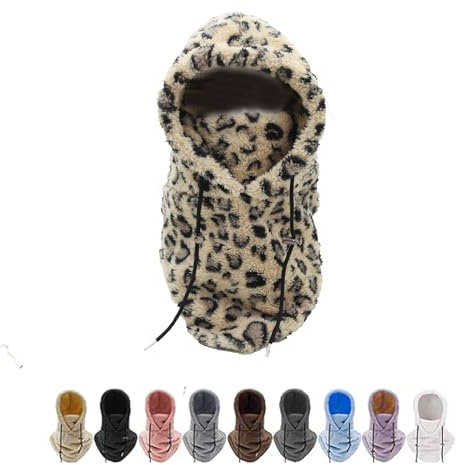 DabinFa Masque de Ski Chaud d'hiver, Capuche en Polaire Sherpa Chaude, Cagoule de Ski Chaude réglable Coupe-Vent, adaptée à l'équitation en Plein air en Hiver (Leopard Print)