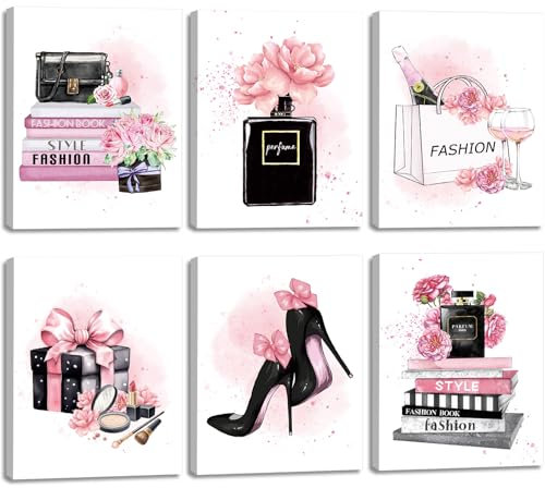 CHDITB 6 Stück Rosa Fashion Poster,Mode Frau Leinwand Wandkunst,High Heels Blumen Parfüm Wandbilder,Mädchen Zimmer Deko Geschenk,Moderne Wanddeko Für Ankleidezimmer Schlafzimmer Badezimmer,8x10Zoll