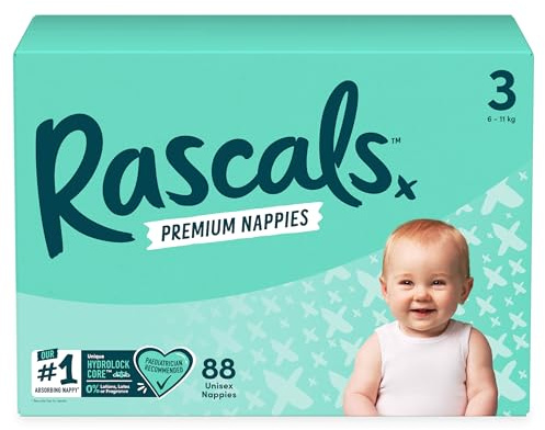 Rascals Premium Babywindeln – bequeme und auslaufsichere Windel für Babys von 6–11 kg – weiche und sanfte Windeln Größe 3 – Jumbo-Box (88 Stück)
