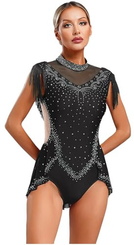 Agoky Damen Eiskunstlauf Kleid Ärmellos Rollkragen Ballettkleid Glitzer Strass Tanz Gymnastik Leotard Trikot mit Rock Fransen Eislaufen Bekleidung Schwarz M