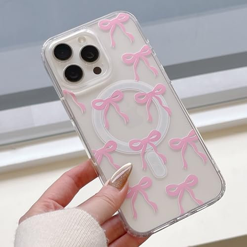 UEEBAI Magnetic for iPhone 16 Pro Max Case, Bow Case Compatible with MagSafe, Wireless Slim Clear Ribbon Aesthetic Phone Case Anti-Yellowing Shockproof Protective Cover for Women Girl - Pink