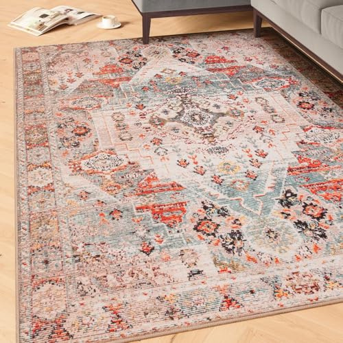 Machine Washable Traditional Blue Red Multi Cotton Large Rugs Medallion Patterned Stain Resistant Liquid Repellent Living Area Bedroom Rug 240cm x 330cm (7ft 10 x 10ft 10)