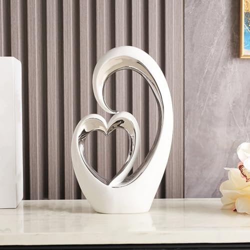 JXCBXJ Heimdekoration Kunststatue,Modernes Deko in Herzform,Keramikstatue,für Esszimmer, Wohnzimmer, Büro, TV-Ständer, Mittelstück. (Weiß Silber D)
