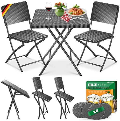 KESSER® Ensemble de bistrot 3 pièces pour balcon avec 2 chaises, meubles de balcon résistants aux intempéries et aux UV, ensemble de meubles de balcon pliables, acier revêtu et aspect rotin, ensemble