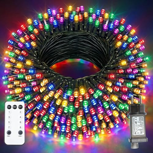 XmasBokeh LED Lichterkette, 10m 100 LED, Mehrfarbig, Grünes Kabel | Lichterkette außen mit Stecker und Fernbedienung; Weihnachtsbaumbeleuchtung mit Timer und 8 Leuchtmodi für Garten und Balkon