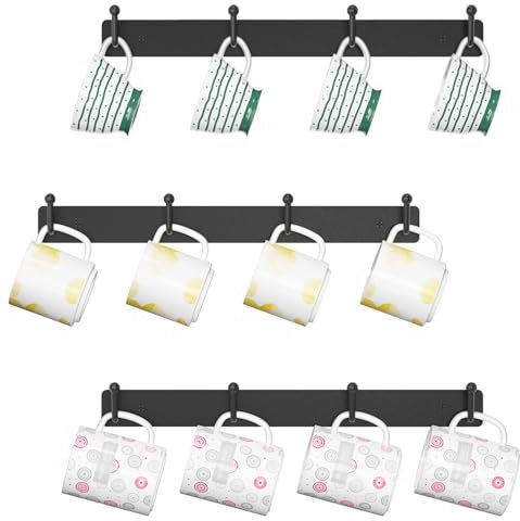 EsLuker.ly Mug Holder Rack Coffee Cup Hanger Wall Mount, Metal Wall Cup Shelf Organizer Stand with 12 Hooks, Fits Most Mugs Display for Home Kitchen, Easy to Install, Set of 3, Black