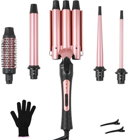 Großcat 5 en 1 Rizador de Pelo Profesional, Plancha de crimpar con cepillo rizador multifunción y 4 rizadores intercambiables con revestimiento cerámico (9-32 mm), para rizos grandes y pequeños