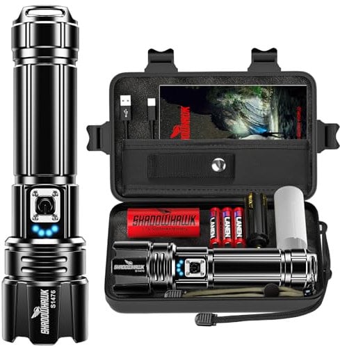 Shadowhawk Rechargeable Torch, 500000 Lumen Torches LED Super Bright, 5000 mAh Long Lasting, Adjustable Focus, IP67 Waterproof, 5 Modes, Powerful Handheld Flashlight for Power Cuts, Camping, Emergency