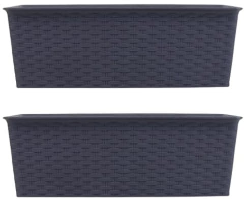 Grey Rattan-Effect Rectangular Planter Box | Plastic Pot for Indoor & Outdoor Use on Balconies, Patios, Gardens | Lightweight Plant Container for Growing Herbs, Flowers, and Greens (Pack of 2)