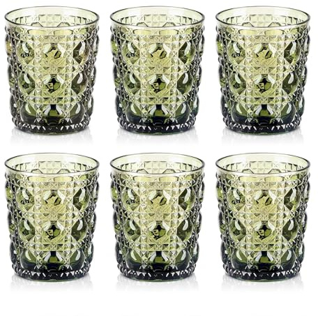 Joeyan 32cl Bicchieri da Acqua in Vetro Colorati, Set di 6 Verde Tumbler Basso con Gemme Rilievo, Design Moderno, Idea Regalo Per Matrimoni, Feste e Casa Nuova, Lavabile in Lavastoviglie