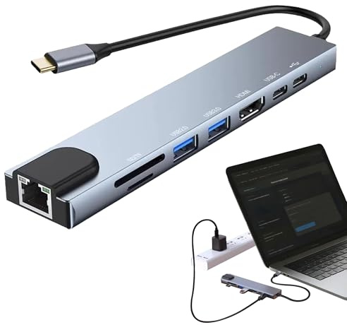 1Pc 8 In 1 Usb C Hub With Ethernet Adapter Multiport Convertor | Usb C Multiport Adapter With 100W PD 4K HDMI USB 3 Type C Port SD TF Card Reader For MacBook Iphone Ipad Samsung Laptops