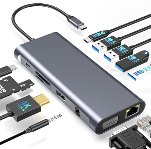 ARA INDIA USB C Docking Station 12-in-1, 4K HDMI @60Hz + VGA Dual Display, Gigabit Ethernet, 100W PD, USB 3.0, SD/TF, Audio for MacBook, Dell, HP, iPad Pro