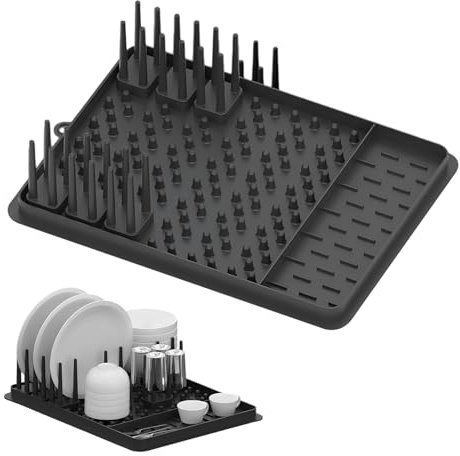 Alyxen Esterilla de Silicona para Secar Platos, Escurridor de Platos con Soporte Extraíble para Cubiertos y Boquilla de Drenaje, Bandeja Escurridora para Platos, Tazas, Ollas y Sartenes (Negro)