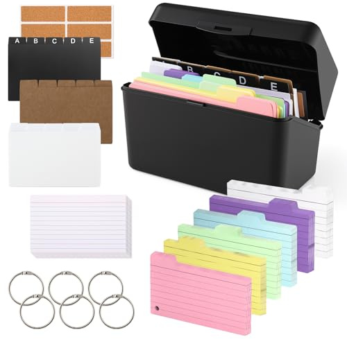 Wozzies Karteikarten Box, Karteikasten Schwarz, mit 230 Bunten Verdickten Liniert Karteikarten, 15 Registern, 6 Ringen und 6 Aufklebern, für Unterwegs, Lernen, Notizen, Schule, Büro und Zuhause