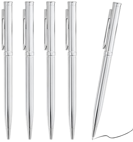 OddMart 5 Quality Luxury Silver Metal Ballpoint Writing Pens Black Gel Ink | 1.0mm Rotary Retractable Business Slim Pen with Steel Clip for Christmas Colleague Office Teacher Student Hotel Wedding Gift